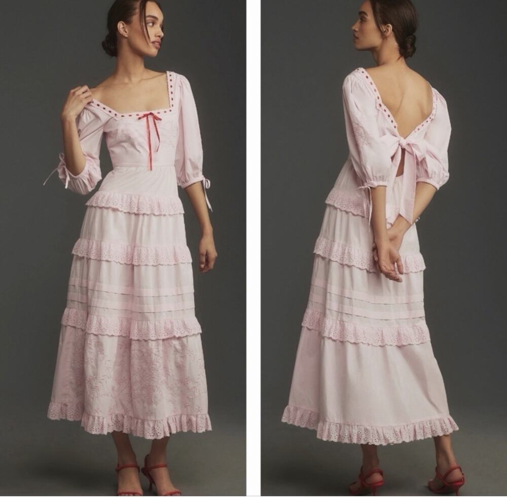 Damson Madder Rebecca Bow-Back Midi Dress •20• Plus Cotton Pink Tiered Corset